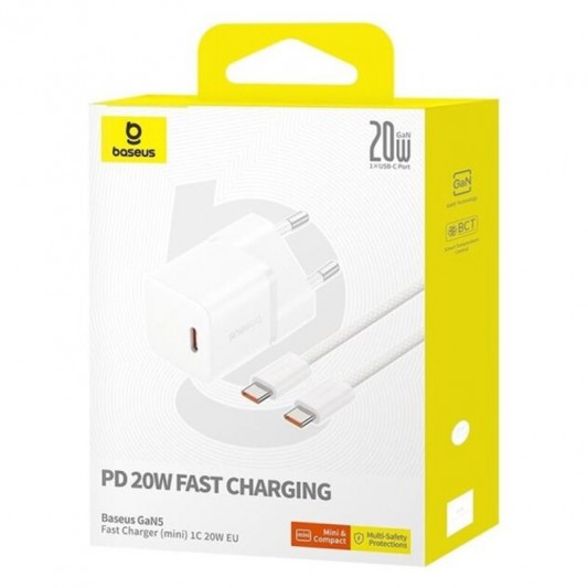 Зарядний пристрій Baseus GaN5 Fast Charger (mini) 1C 20W + Type-C to Type-C (P10110900113), Moon White - зображення 5 