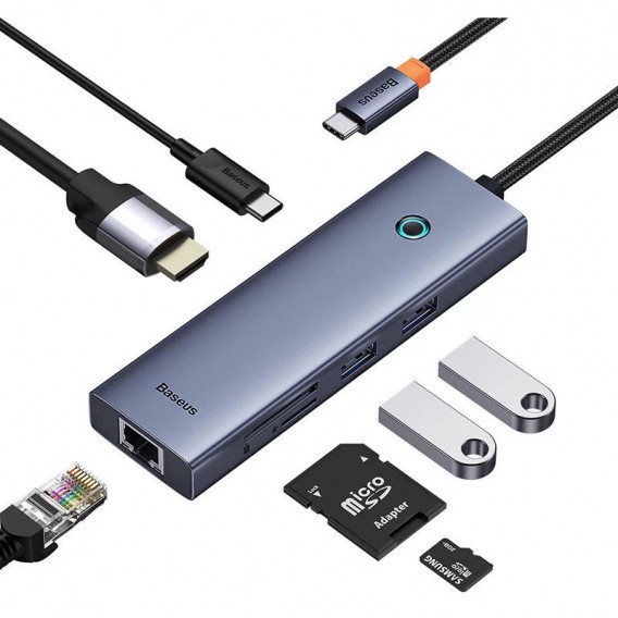 Перехідник Baseus Hub UltraJoy 7-Port (Type-C to HDMI4K@60Hz+USB3.0*2+PD+SD/TF3.0+3.5mm) (B0005280), Slate Grey