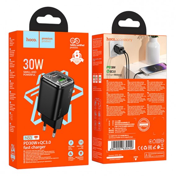 Блок питания Hoco N53 Monsoon PD30W+QC3.0 (1USB-A/1C) Black
