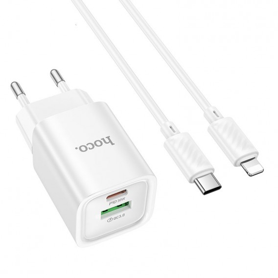 Блок живлення Hoco C149A Charm PD30W+QC3.0 (1USB-A/1C) + кабель Type-C to Lightning White