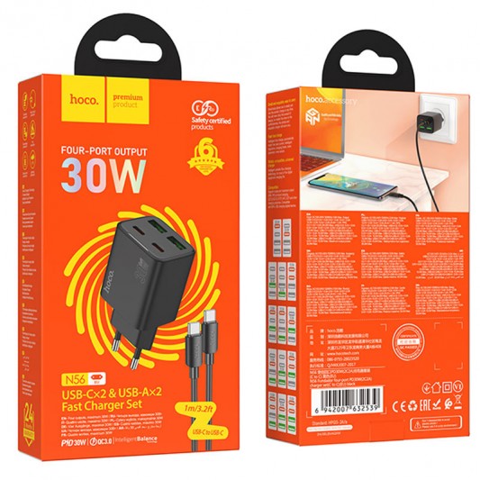 МЗП Hoco N56 Fundador PD30W four-port (2USB-A/2C) + кабель Type-C to Type-C Black - зображення 5 