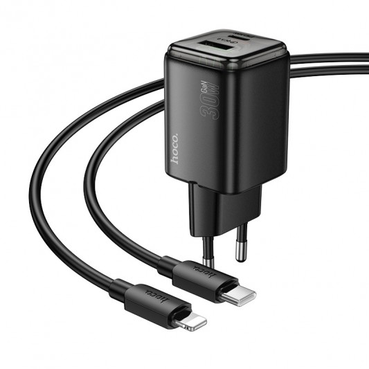МЗП Hoco N53 Monsoon PD30W+QC3.0 (1USB-A/1C) + кабель Type-C to Lightning Black - зображення 1 
