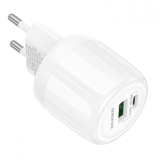 Блок живлення Borofone BA93A Lustrous PD20W+QC3.0 (1USB-A/1C) White