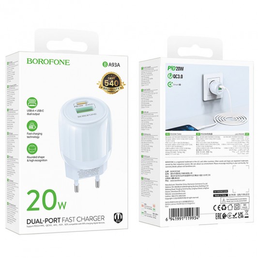 СЗУ Borofone BA93A Lustrous PD20W+QC3.0 (1USB-A/1C) Blue - изображение 3