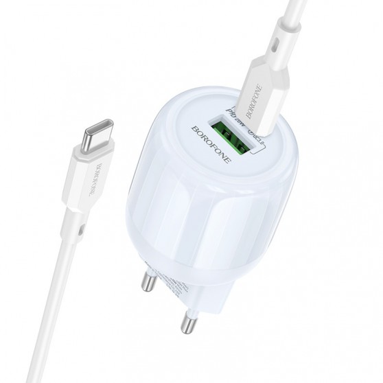 СЗУ Borofone BA93A Lustrous PD20W+QC3.0 (1USB-A/1C) + кабель Type-C to Type-C Blue
