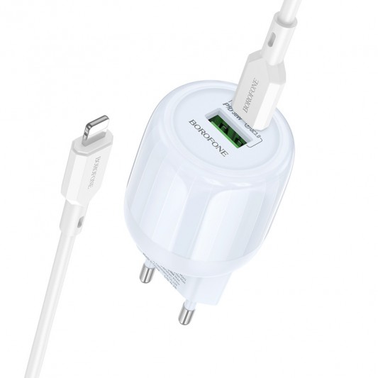 МЗП Borofone BA94A Lustrous PD30W+QC3.0 (1USB-A/1C) + кабель Type-C to Lightning Blue