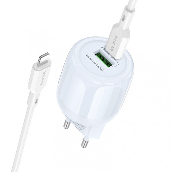 СЗУ Borofone BA94A Lustrous PD30W+QC3.0 (1USB-A/1C) + кабель Type-C to Lightning Blue