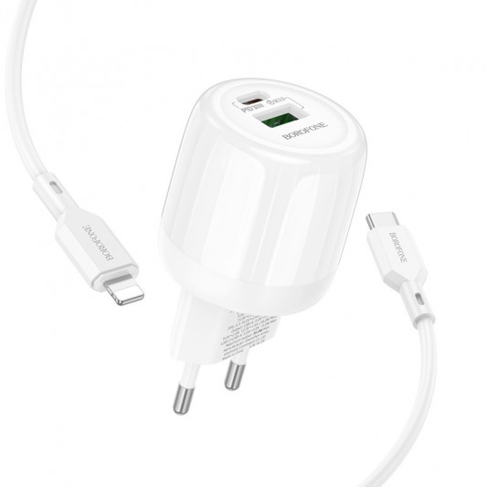 СЗУ Borofone BA94A Lustrous PD30W+QC3.0 (1USB-A/1C) + кабель Type-C to Lightning White - изображение 2