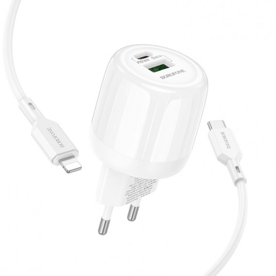 Блок живлення Borofone BA94A Lustrous PD30W+QC3.0 (1USB-A/1C) + кабель Type-C to Lightning White