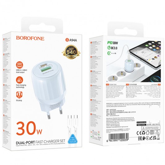 СЗУ Borofone BA94A Lustrous PD30W+QC3.0 (1USB-A/1C) + кабель Type-C to Type-C Blue - изображение 3