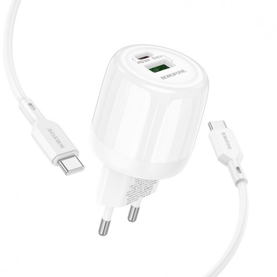 Блок живлення Borofone BA94A Lustrous PD30W+QC3.0 (1USB-A/1C) + кабель Type-C to Type-C White