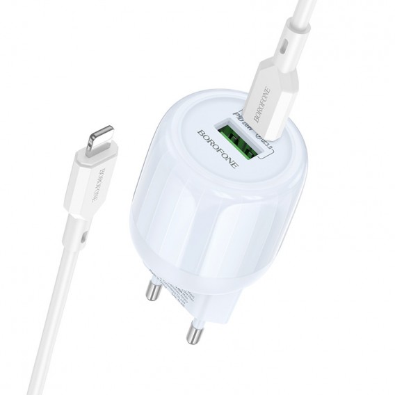 Блок живлення Borofone BA93A Lustrous PD20W+QC3.0 (1USB-A/1C) + кабель Type-C to Lightning Blue