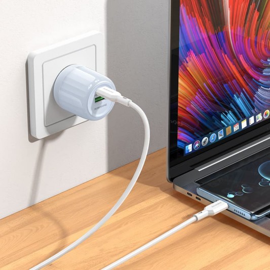 СЗУ Borofone BA93A Lustrous PD20W+QC3.0 (1USB-A/1C) + кабель Type-C to Lightning Blue - изображение 2