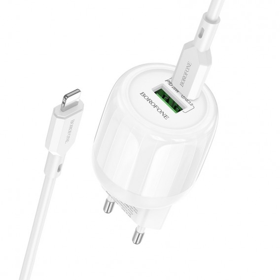 Блок живлення Borofone BA93A Lustrous PD20W+QC3.0 (1USB-A/1C) + кабель Type-C to Lightning White