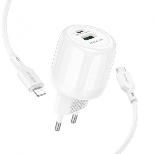 СЗУ Borofone BA93A Lustrous PD20W+QC3.0 (1USB-A/1C) + кабель Type-C to Lightning White - изображение 2