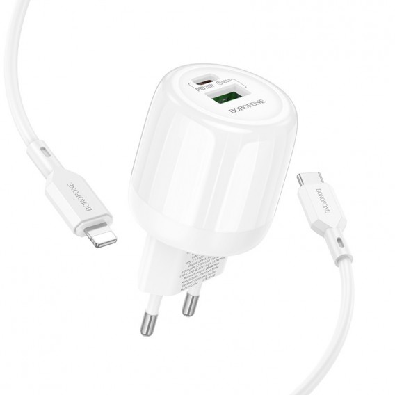 Блок живлення Borofone BA93A Lustrous PD20W+QC3.0 (1USB-A/1C) + кабель Type-C to Lightning White