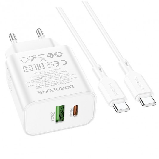 СЗУ Borofone BA88A Navy PD20W+QC3.0 (1USB-A/1C) + кабель Type-C to Type-C White