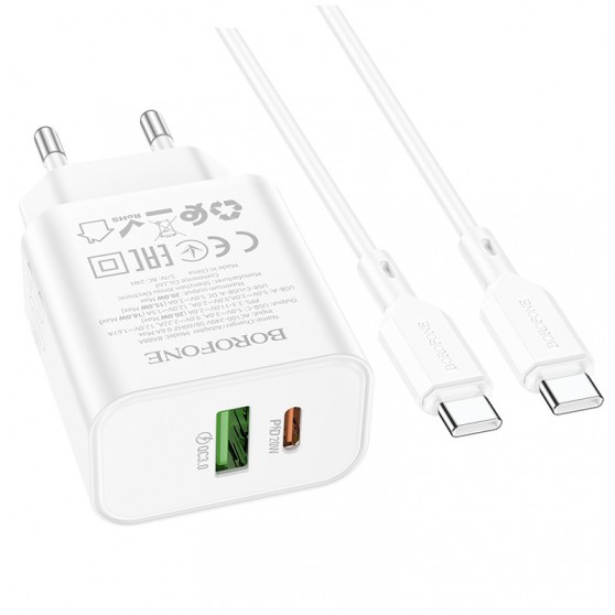 МЗП Borofone BA88A Navy PD20W+QC3.0 (1USB-A/1C) + кабель Type-C to Type-C White