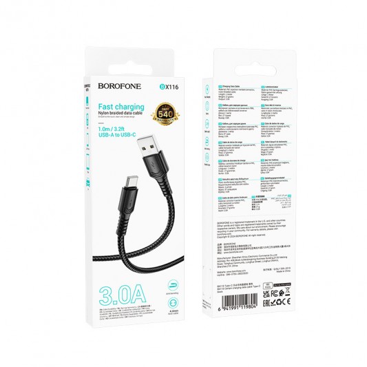 Дата кабель Borofone BX116 Certain USB to Type-C 3A (1m) Black - зображення 3 