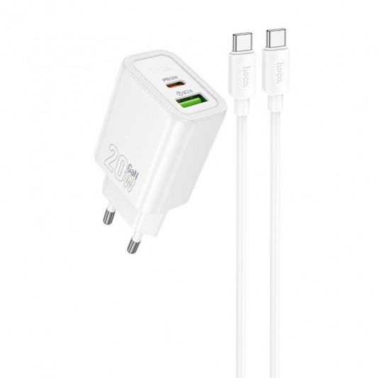 СЗУ Hoco N61 Gentle PD20W+QC3.0 (1USB-A/1C) + кабель Type-C to Type-C White