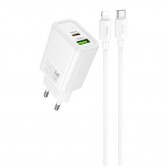 Блок живлення Hoco N61 Gentle PD20W+QC3.0 (1USB-A/1C) + кабель Type-C to Lightning White Блок живлення Hoco N61 Gentle PD20W+QC3.0 (1USB-A/1C) + кабель Type-C to Lightning White