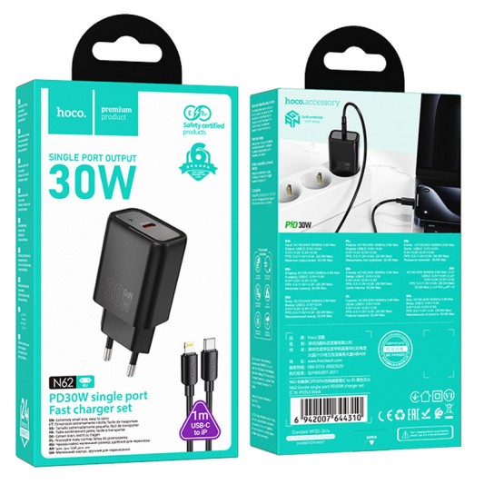 СЗУ Hoco N62 Gentle PD30W (1USB-C) + кабель Type-C to Lightning Black - изображение 3