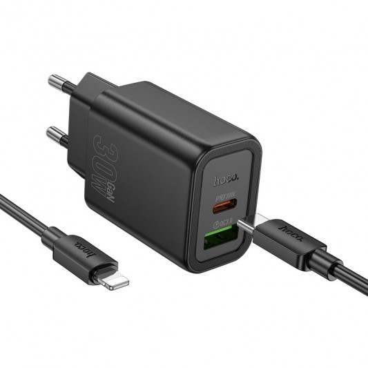 МЗП Hoco N63 Gentle PD30W+QC3.0 (1USB-A/1C) + кабель Type-C to Lightning Black - зображення 2 