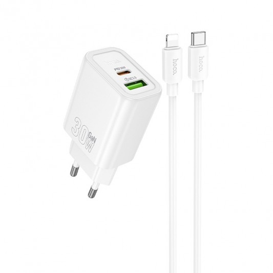 СЗУ Hoco N63 Gentle PD30W+QC3.0 (1USB-A/1C) + кабель Type-C to Lightning White