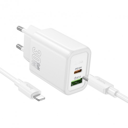СЗУ Hoco N63 Gentle PD30W+QC3.0 (1USB-A/1C) + кабель Type-C to Lightning White - изображение 3
