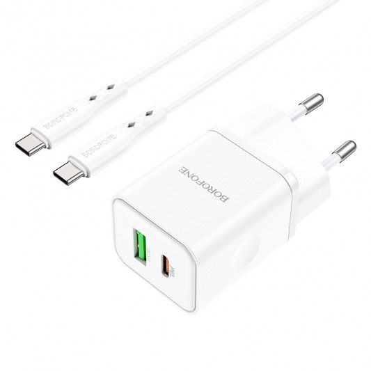СЗУ Borofone BN7 PD20W+QC3.0 (1USB-A/1C) + кабель Type-C to Type-C White - изображение 1