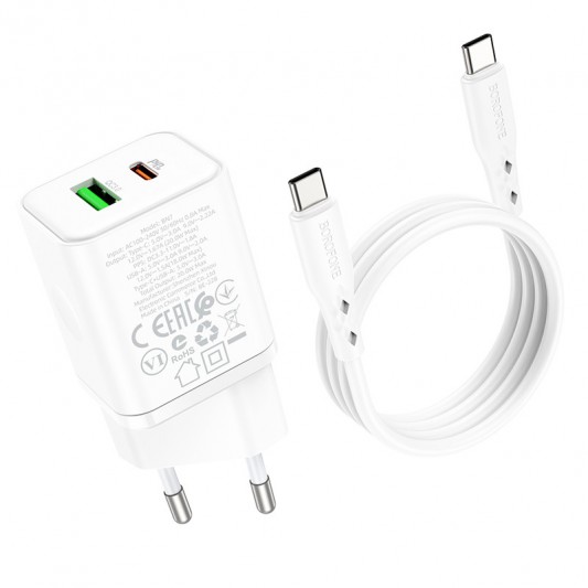 СЗУ Borofone BN7 PD20W+QC3.0 (1USB-A/1C) + кабель Type-C to Type-C White - изображение 6