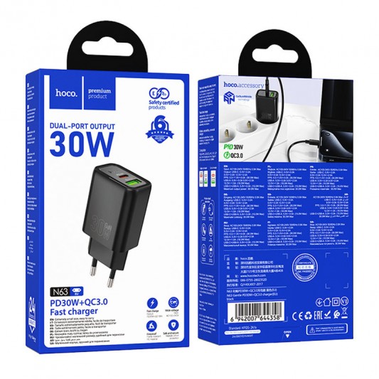 СЗУ Hoco N63 Gentle PD30W+QC3.0 (1USB-A/1C) Black - изображение 3