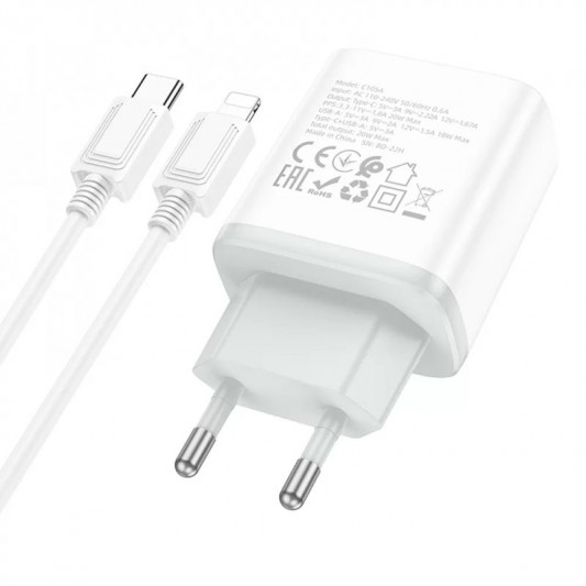СЗУ Hoco C105A Stage PD20W+QC3.0 (1USB-A/1C) + кабель Type-C to Lightning White - изображение 3