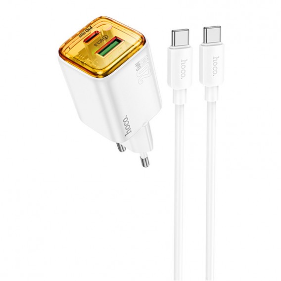 Блок питания Hoco N52 Monsoon PD20W+QC3.0 (1USB-A/1C) + кабель Type-C to Type-C White