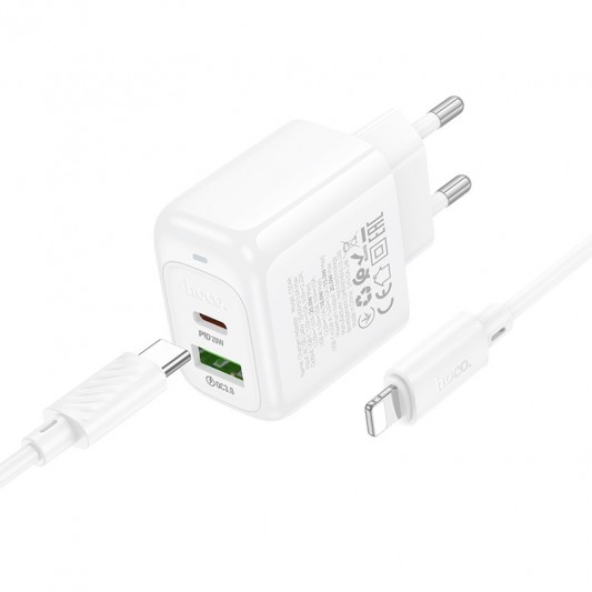 СЗУ Hoco CS54A Surplus PD20W+QC3.0 (1USB-A/1C) + кабель Type-C to Lightning White - изображение 1