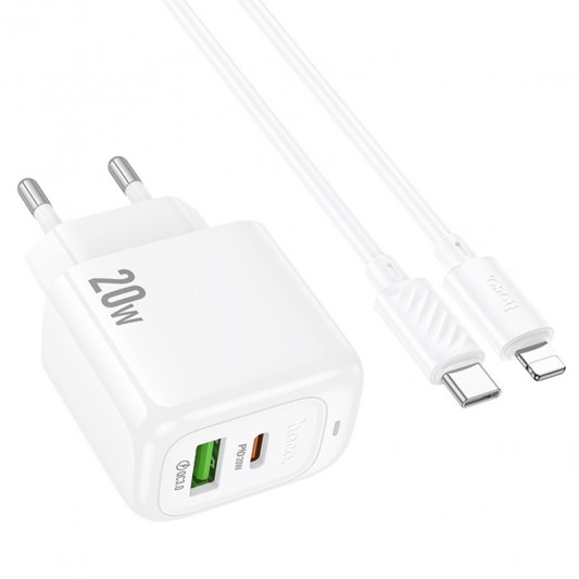 СЗУ Hoco CS54A Surplus PD20W+QC3.0 (1USB-A/1C) + кабель Type-C to Lightning White - изображение 2