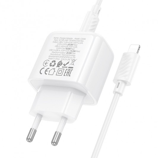 СЗУ Hoco CS54A Surplus PD20W+QC3.0 (1USB-A/1C) + кабель Type-C to Lightning White - изображение 6