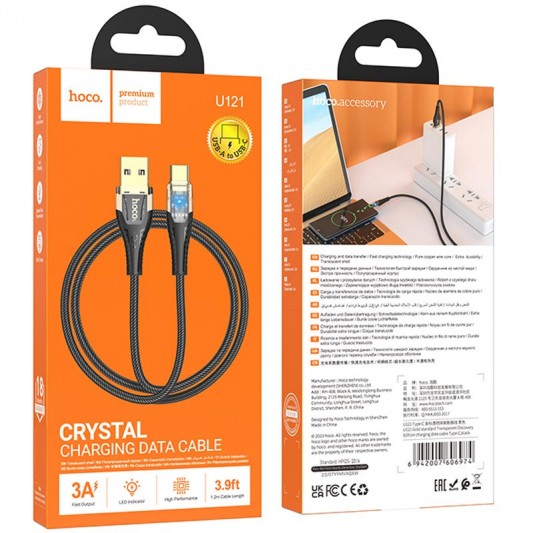 Дата кабель Hoco U121 Gold standart Transparent Discovery Edition USB to Type-C (1.2m) Black - изображение 5
