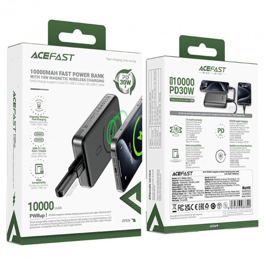 Портативное ЗУ Power Bank Acefast M10 PD30W с БЗУ 10000 mAh Black - изображение 1