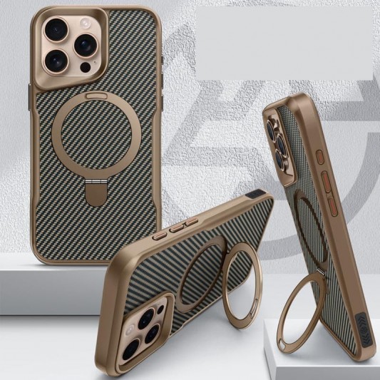 TPU+PC чехол Metal Buttons with MagSafe Carbon Ring для Apple iPhone 15 Pro Max (6.7") Золотой - изображение 2