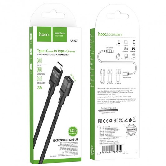 Перехідник Hoco U107 Type-C male to Type-C female USB2.0 (1.2m) Black - зображення 5 