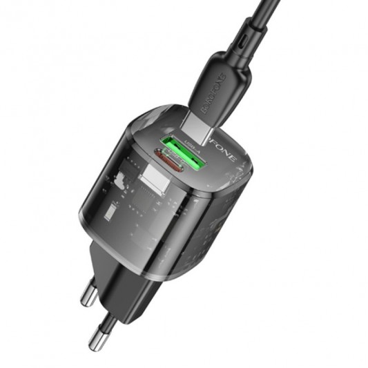 СЗУ Borofone BN17 Sunlight PD20W+QC3.0 (1USB-A/1C) + кабель Type-C to Type-C Transparent black - изображение 1