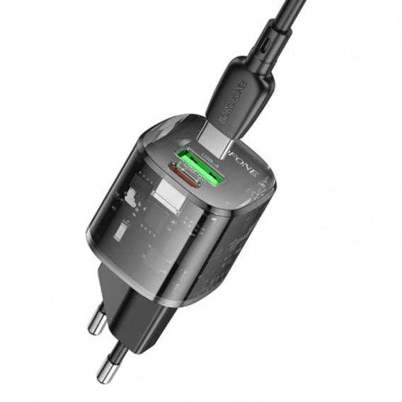 Блок живлення Borofone BN17 Sunlight PD20W+QC3.0 (1USB-A/1C) + кабель Type-C to Type-C Transparent black