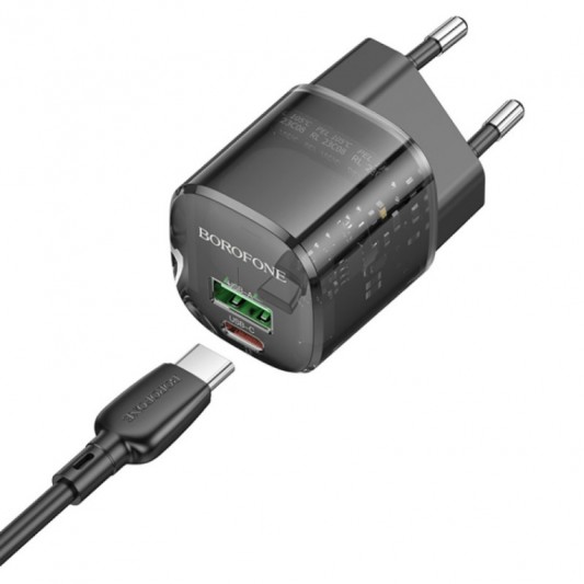 СЗУ Borofone BN17 Sunlight PD20W+QC3.0 (1USB-A/1C) + кабель Type-C to Type-C Transparent black - изображение 2