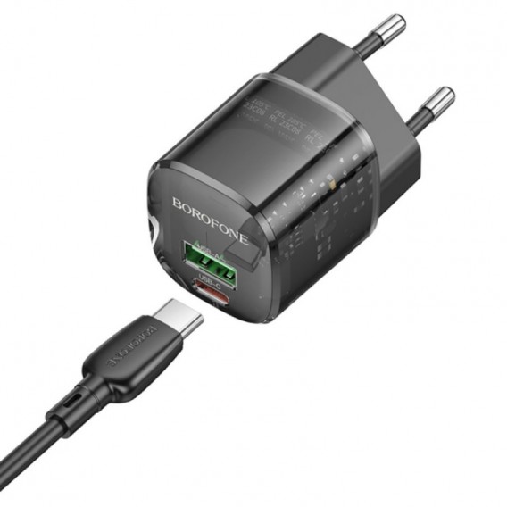 Блок живлення Borofone BN17 Sunlight PD20W+QC3.0 (1USB-A/1C) + кабель Type-C to Type-C Transparent black