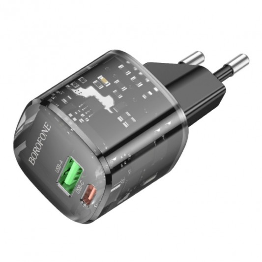 СЗУ Borofone BN17 Sunlight PD20W+QC3.0 (1USB-A/1C) + кабель Type-C to Type-C Transparent black - изображение 3