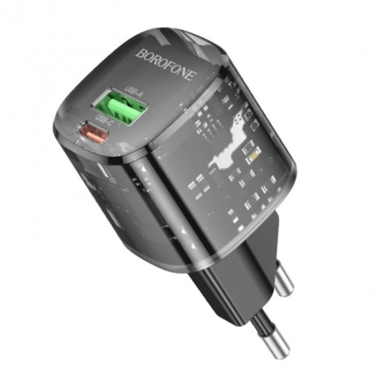 СЗУ Borofone BN17 Sunlight PD20W+QC3.0 (1USB-A/1C) + кабель Type-C to Type-C Transparent black - изображение 4
