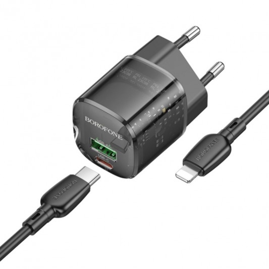 СЗУ Borofone BN17 Sunlight PD20W+QC3.0 (1USB-A/1C) + кабель Type-C to Lightning Transparent black - изображение 2