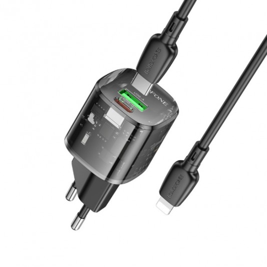 СЗУ Borofone BN17 Sunlight PD20W+QC3.0 (1USB-A/1C) + кабель Type-C to Lightning Transparent black - изображение 3