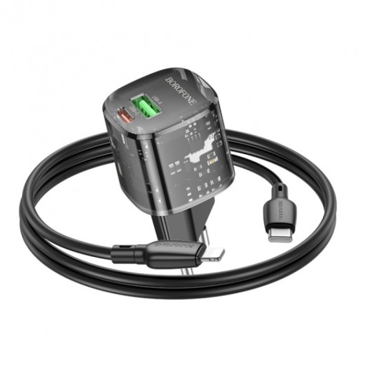 СЗУ Borofone BN17 Sunlight PD20W+QC3.0 (1USB-A/1C) + кабель Type-C to Lightning Transparent black - изображение 4
